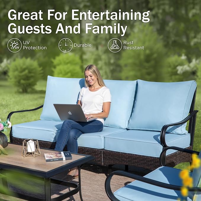 PHI VILLA Outdoor Modern Patio Furniture Set, Upgraded Wicker & Metal Patio Conversation Set with Waterproof Thick Cushions for Porch, Poolside, Yard (5 Pieces,Blue)
