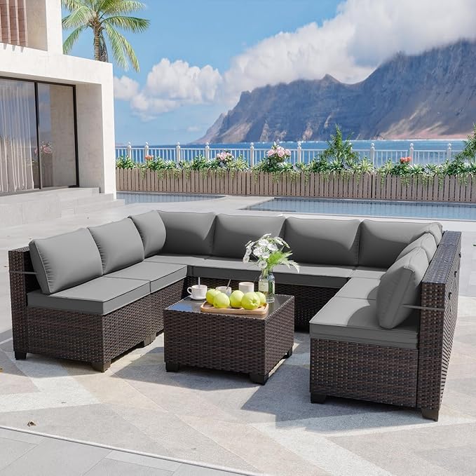 ALAULM 9 Pieces Patio Furniture Set Wicker Patio Conversation Set, Outdoor Sectional Furniture w/Coffee Table & Washable Seat Cushions-Grey
