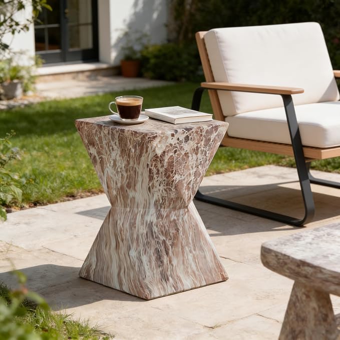 Outdoor Side Table Faux Marble Square Side Table Hourglass End Tables Small Coffee Tables for Patio Garden Stool for Porch, Backyard Balcony,12.4",Weather Resistant, Brown
