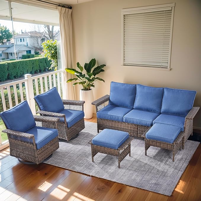 Patio Furniture Set 2 Wicker Swivel Glider Chairs 2 PE Rattan Ottomans with Patio PE Rattan Sofa Brown Wicker Blue Cushions Patio Conversation Set 5pcs for Garden Balcony Backyard