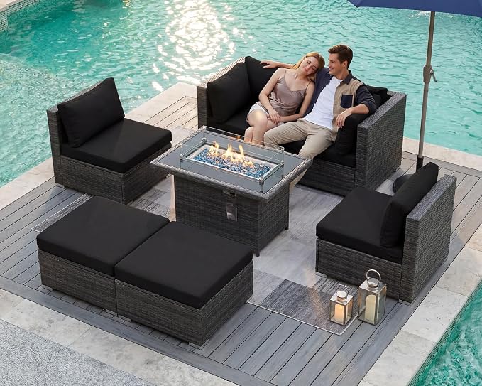 BULEXYARD 7 Piece High Back Outdoor Sectional Set with Fire Pit Table, Wicker Patio Furniture Set Weather-Resistant, Modular 6-Person Couch Sofa Comfortable Wide Deep Seats for Backyard, Grey & Black