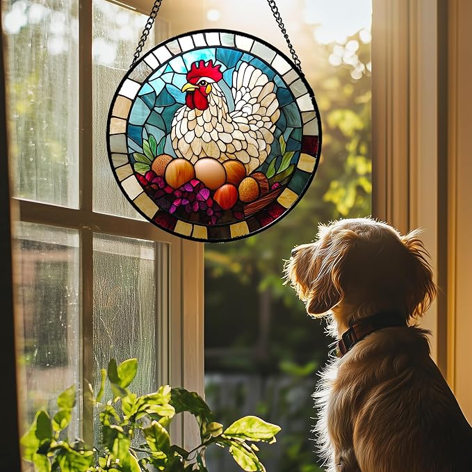 DASTOLL Stained Glass Window Hanging White Chicken Hatching Eggs 7.8" - Suncatcher Door Garden Sunroom Sun Catcher Home Decor Birthday Christmas for Mom Men Woman Nana