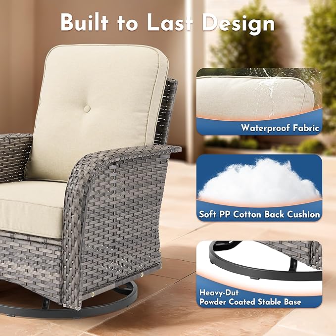 Weaxty Outdoor Swivel Rocker Patio Chairs, 3 Pieces Patio Furniture Set with Rocking Chair and Wicker Side Table, Outdoor Furniture Conversation Set for Porch, Deck, Yard, Balcony, Beige