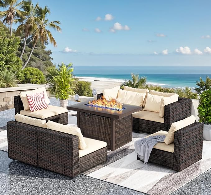 Grezone 7 Piece Patio Furniture Set with Fire Pit Table, Patio Sectional Furniture Sofa Set, Patio Conversation Sets with Cushions and Glass Coffee Table for Garden Lawn Balcony Porch Deck,Beige