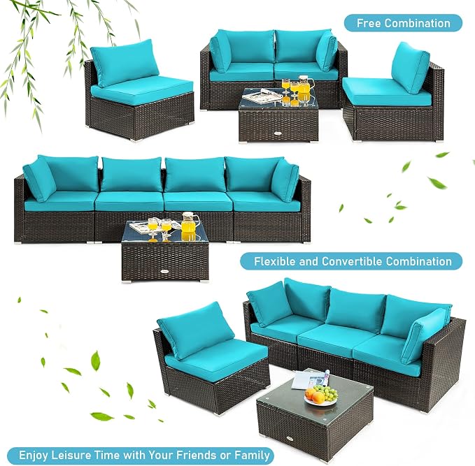 DORTALA 5 Pieces Patio Furniture Set, Outdoor Rattan L-Shaped Corner Sofa Set with Cushions, Coffee Table, Patio Sectional Conversation Set for Backyard Porch Garden Poolside, Turquoise