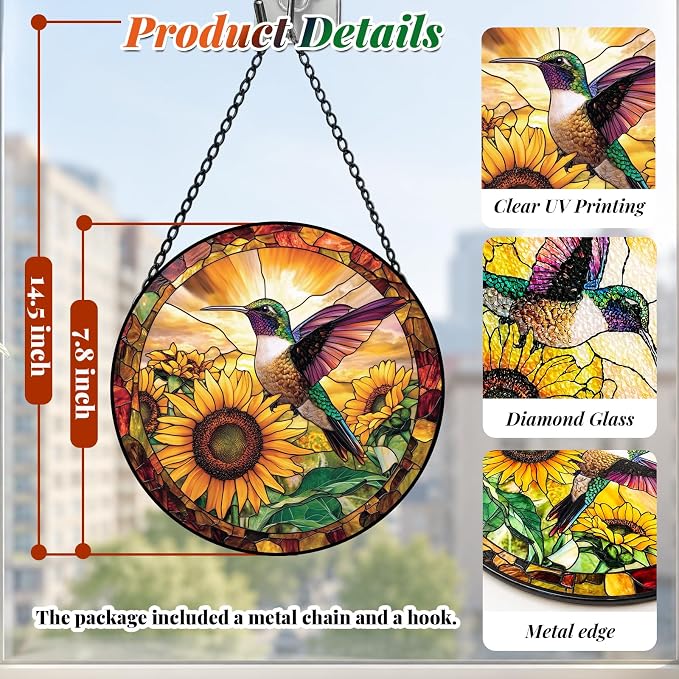 Stained Glass Hummingbird Suncatcher Window Hanging Flowers Gifts for Mom | 7.8in Garden Sun Catcher, Sunflowers Sunrise Ornament for Door Home, Gift for Bird Lovers Grandma & Mother's Day Christmas