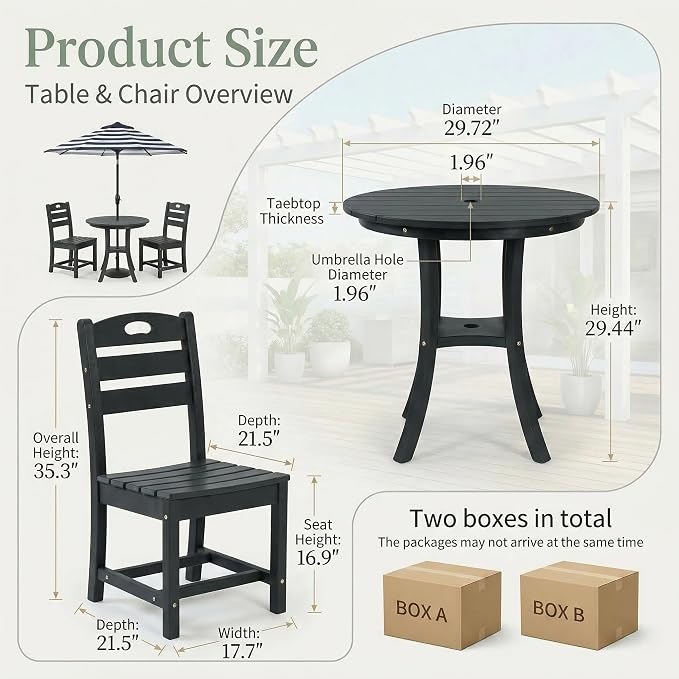 3-Pcs Outdoor Patio Dining Table Set of 3, Outdoor Patio Round 29.72'' Dining Table Bistro Set and Armless Chair for Lawn Garden Backyards, HDPE Material & 1.96'' Umbrella Hole, Black