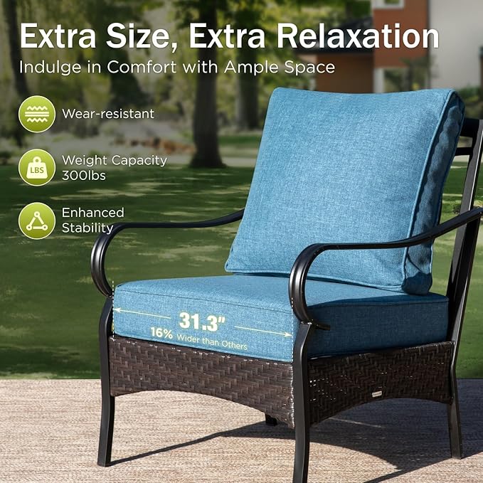 PHI VILLA Patio Furniture Set, Extra Large Wicker & Metal Outdoor Conversation Set Patio Sectional Sofa Set with Fixed Chair & Waterproof Thick Cushions for Porch, Poolside, Deck(7 Pieces, Navy)