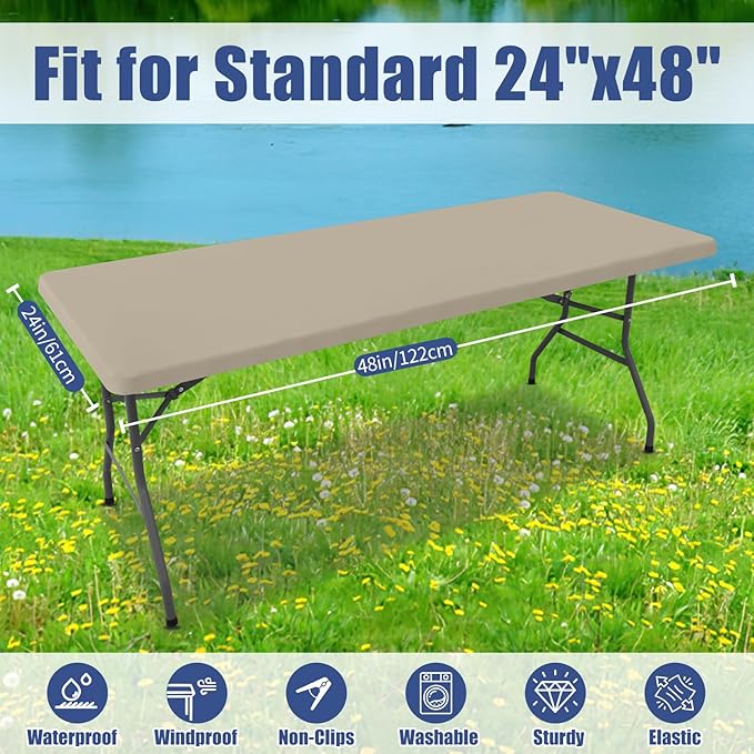 Moosfor Spandex 4 Foot Rectangle Table Cloth 2 Pack, Elastic Fitted Tablecloths for Picnic, Stretch Washable Patio Table Cover for Outdoor, Camping, Banquet and Parties (Taupe, 24"x48")