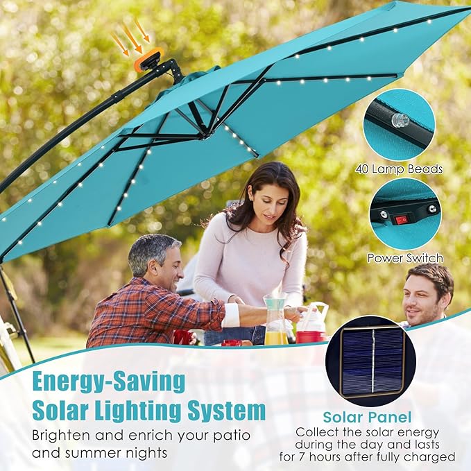Tangkula 10 Ft Patio Offset Umbrella, 40 LED Lighted Market Umbrella W/8 Sturdy Ribs, Easy Tilt Adjustment & Crank, Polyester Shade, Ideal for Backyard, Garden, Seaside, Store, Pool (Turquoise)