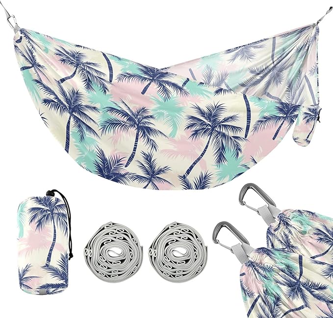 Camping Hammock Outdoor Hammocks for Outside Palm Trees Pinks Green Blue Beach Trees Portable Lightweight with Pockets Tree Straps Indoor