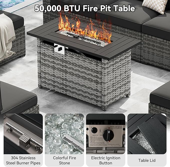 LazySunsets 8-Piece Patio Furniture Set with 44" Fire Pit Table, Wicker Outdoor Furniture, Patio Conversation Sets with Coffee Table, Outdoor Sectional Couch with Waterproof Cover, Black