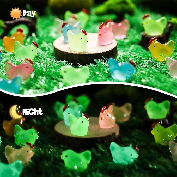 160 Pcs Luminous Mini Chicken, Glow in Dark Figurines - Resin Miniature Animals in 8 Colors for DIY Project, Garden, Dollhouse, Aquarium Decor, Glows at Night