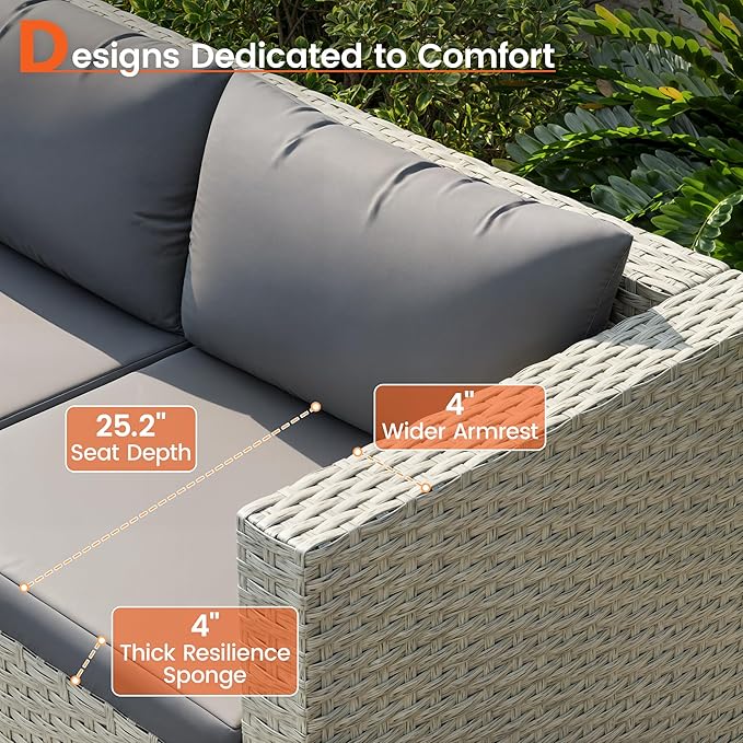 8 Piece Patio Furniture Set with 44" Fire Pit Table, Outdoor Sectional Wicker Rattan Sofa Set with Coffee Table (Grey/Grey)