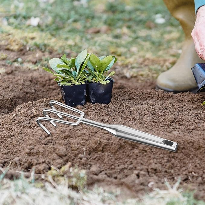 Hand Rake Stainless Steel Heavy Duty Garden Rake Weeding Tool Ergonomic Claw Rake Soil Tiller Portable Planting Rake Suitable for Flower Beds Yard Wor , 3 Tine