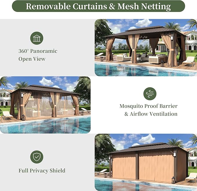 Aoxun 20'x12' Hardtop Gazebo with 4 LED Lights, Outdoor Gazebo with Galvanized Steel Double Roof, Patio Gazebo with Breathable Netting & Privacy Curtain, Decor Hooks for Backyard, Brown