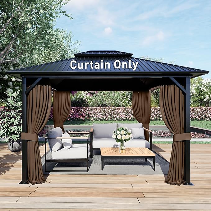 Aoodor 12x16 ft Outdoor Gazebo Curtains, 4 Panels Waterproof Privacy Sidewall Replacement with Zipper for Patio Pergola and Canopy, Brown