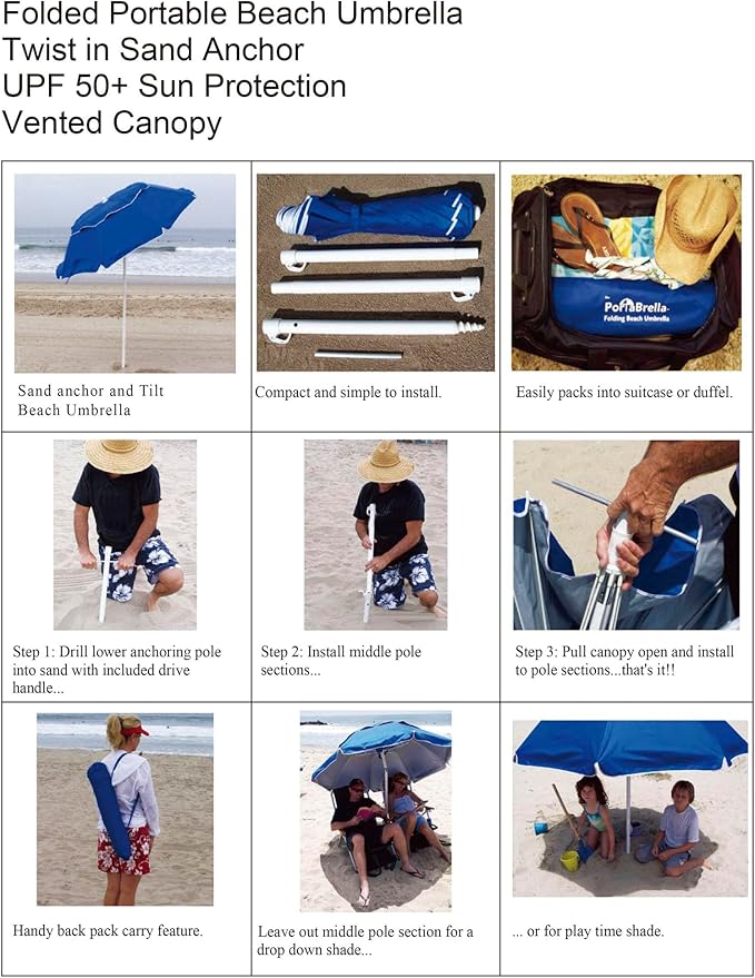 6.5ft Beach Umbrella with Tilt Pole, Portable Sand Anchor and Carry Bag, UPF 50+ Sun Shelter Air Vents, Perfect for Beach, Camping, Sports, Pool,Gardens and Balcony,CH-1503 Blue Multi Stripe