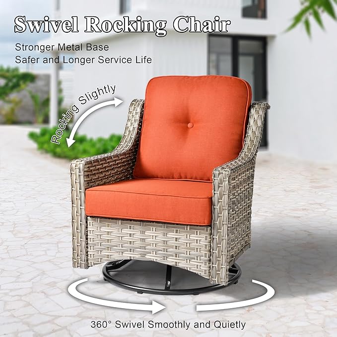 Patio Conversation Set,5 Pieces Wicker Patio Furnitures with Swivel Chair and Coffee Table,All Weather Patio Furniture Set for Garden,Backyard,Poolside and Patio,Bold Orange