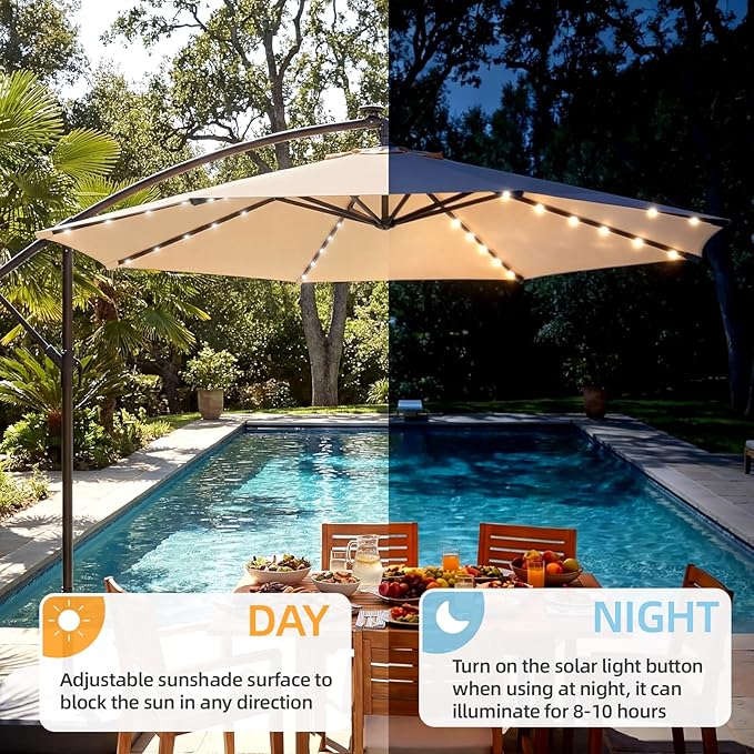 EROMMY 10FT 40-LED Solar Lighted Patio Umbrella with Base Included, Outdoor Offset Cantilever Umbrella, Infinite Tilt, Crank and Cross Base, UV Protection for Backyard, Lawn, Garden & Pool