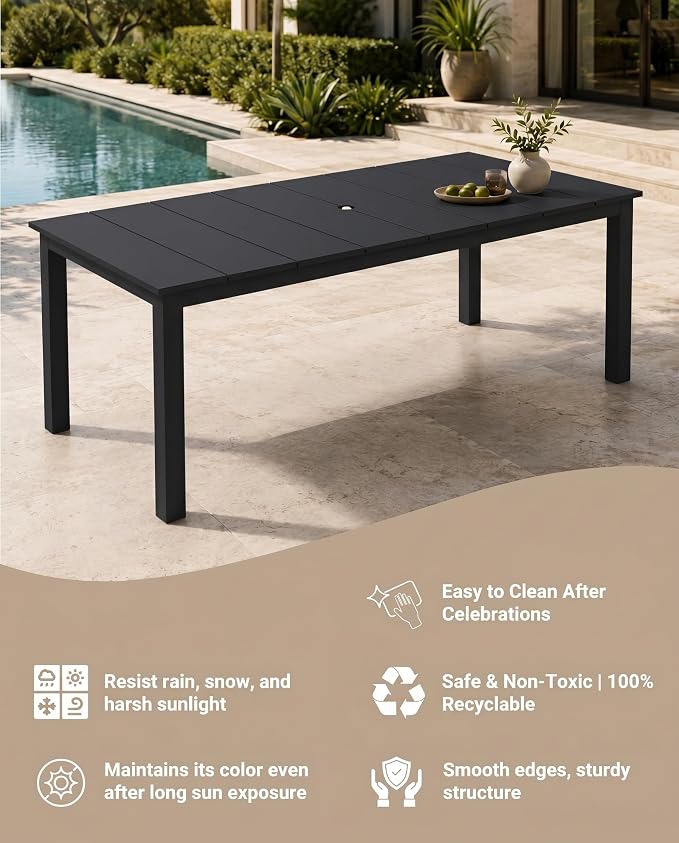 75.2" Outdoor Dining Table for 4-6 People, Patio Dining Outdoor Table with Umbrella Hole, All Weather Patio Table for Backyard, Deck and Garden, Black