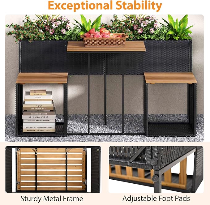 Tangkula Patio Furniture Set with Raised Garden Bed, PE Rattan Garden Planter Table with Built-in Chairs and Storage Space, Acacia Wood Outdoor Conversation Set with Sturdy Metal Frame