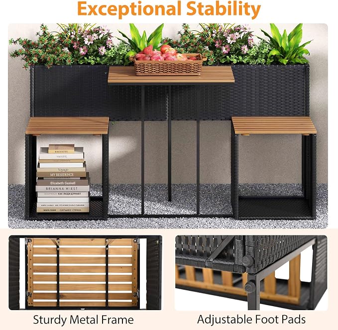 Tangkula Patio Furniture Set with Raised Garden Bed, PE Rattan Garden Planter Table with Built-in Chairs and Storage Space, Acacia Wood Outdoor Conversation Set with Sturdy Metal Frame