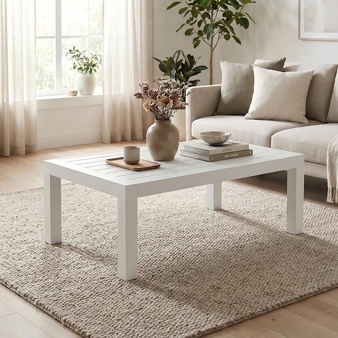 Solaste Aluminum Outdoor Coffee Table, All-Weather Rectangle Metal Patio Coffee Table Furniture for Balcony, Garden, Indoor or Outdoor Use, White