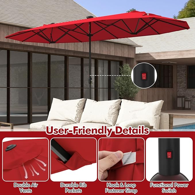 HAPPYGRILL Double-Sided Patio Umbrella with Solar Lights, 13FT Large Umbrella with Base Included, Crank Handle, Market Twin Table Umbrella for Outdoor Backyard Garden Poolside