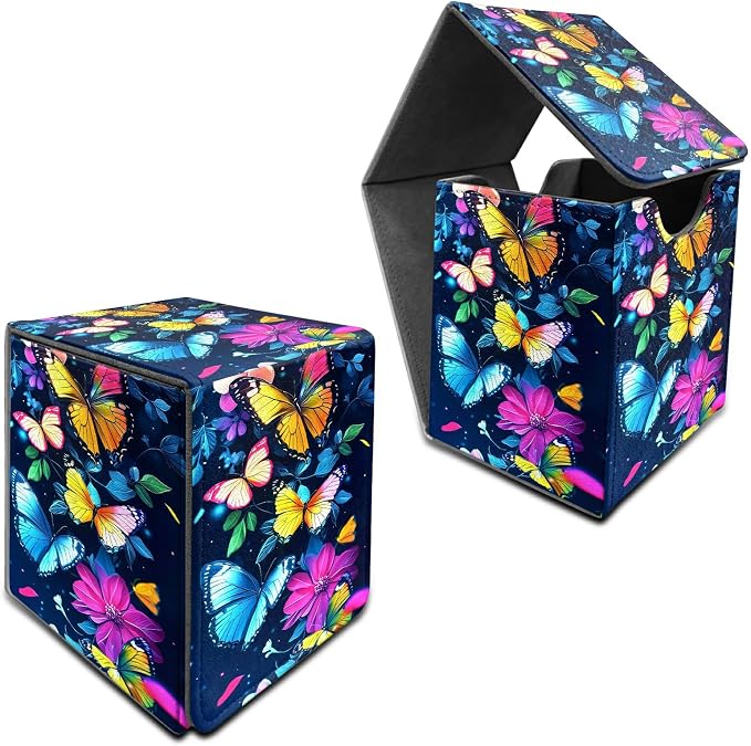 Colorful Butterfly Card Deck Box for MTG, Personalized Card Storage Case Fits 120+ Sleeved Cards, Premium Leather TCG Box with Strong Magnetic Closure for Magic, CCG, PTCG, Baseball Cards