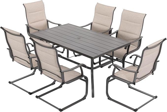 NUU GARDEN 7-Piece Outdoor Patio Dining Set - 6 Textilene Dining Chairs & 60.6" Table with Umbrella Hole, Weather-Resistant Furniture for Yard Porch Poolside Garden, Beige