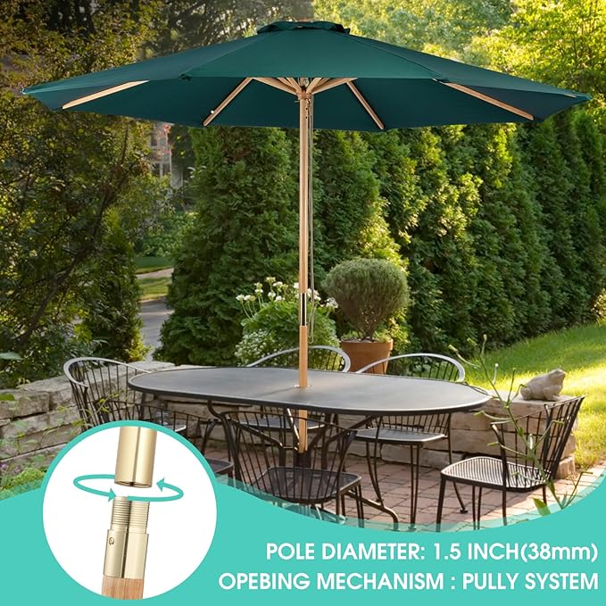 9ft Bamboo Umbrella, Outdoor Patio Umbrella, Waterproof Market Umbrella, 8 Ribs Table Umbrella with Pulley Lift for Garden, Deck, Pool, lawn, Backyard