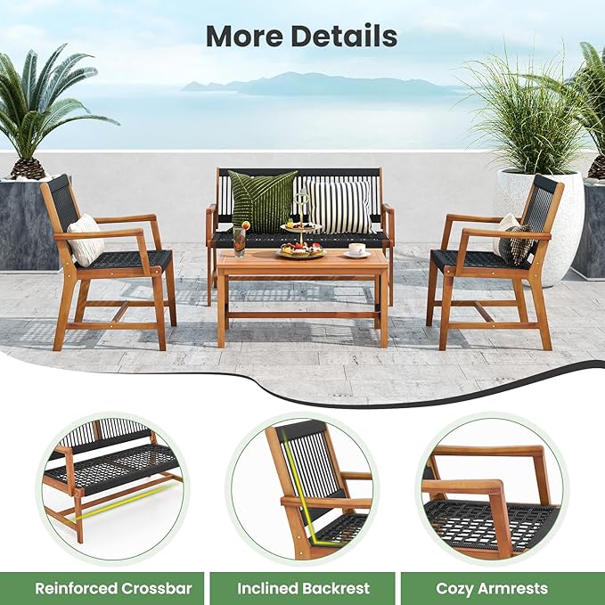 HAPPYGRILL 4 Pieces Patio Furniture Set Acacia Wood Conversation Set with Hand-Woven Rope Design, Ergonomic Loveseat & Single Chairs, Wooden Chair & Table Set for Porch Yard Poolside