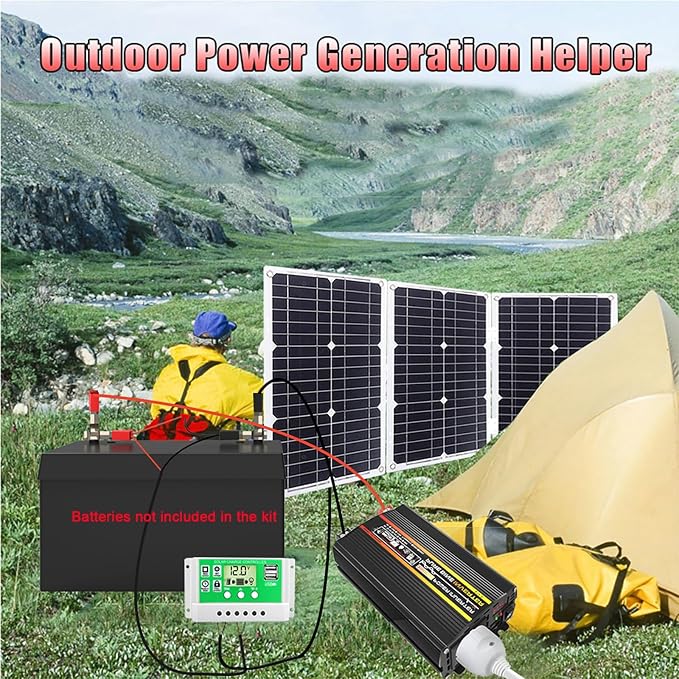 6000W Solar Generator Kit - 12V to 110V/220V Inverter, 75W Foldable Solar Panel with 4 USB Ports, 50A Controller, Portable Off-Grid Power System for Home & Outdoor Use (Yellow)
