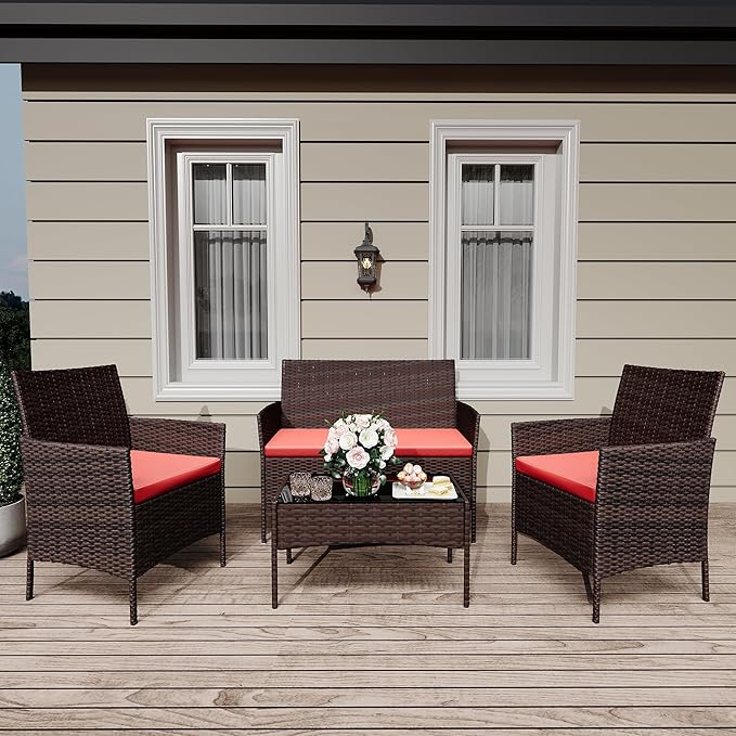 4 Piece Outdoor Patio Furniture Sets,Wicker Rattan Conversation Sets, Bistro Patio Set with 2 Chairs,Soft Cushion,Loveseat and 1 Glass Coffee Table for Backyard Porch Garden Poolside Balcony,Brown/Red