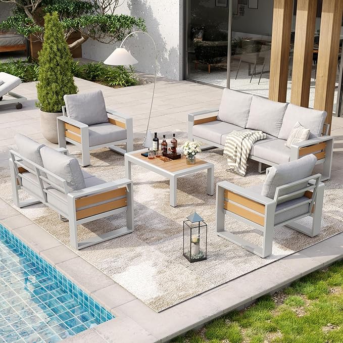 Aoxun Aluminum Patio Furniture Set, 5 Piece Luxury Outdoor Sectional with 6" Olefin Fabric Cushions, Patio Conversation Sets with Coffee Table and Waterproof Cover for Backyard, Porch Grey