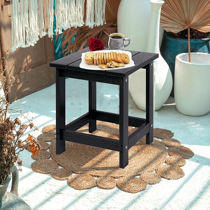 LZRS Patio End Table, Heavy Duty HDPE Outdoor Coffee Table with Wood Texture, Weatherproof Composite Table for Adirondack Chairs, Deck, Pool, Indoor/Outdoor, No Peeling or Cracking(Black)