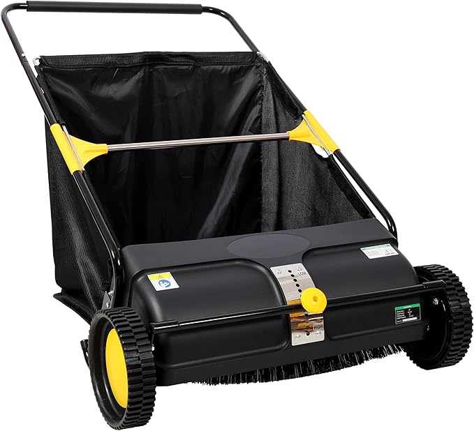 Push Lawn Sweeper, 26 in Leaf & Grass Collector with 7 cu. ft. Hopper Bag, Heavy Duty Yard Sweeper, Adjustable Spinning Brushes Height for Leaves Grass Cleanup (26 Inch)