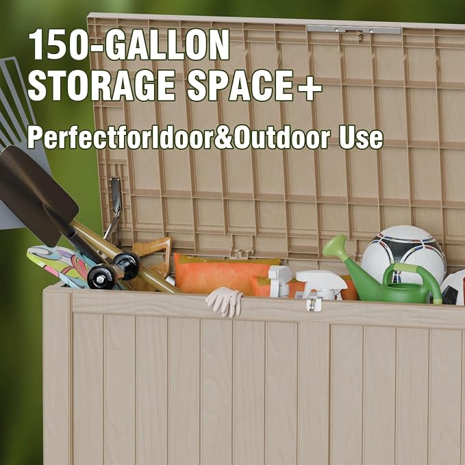 Outdoor Storage Box 180GAL Waterproof Resin Deck Box,UV-Resistant Lockable Package Delivery Bin for Garden Tools,Large Patio Outside Cushions,Pool Accessories Supplies,Chest,Light Coffee