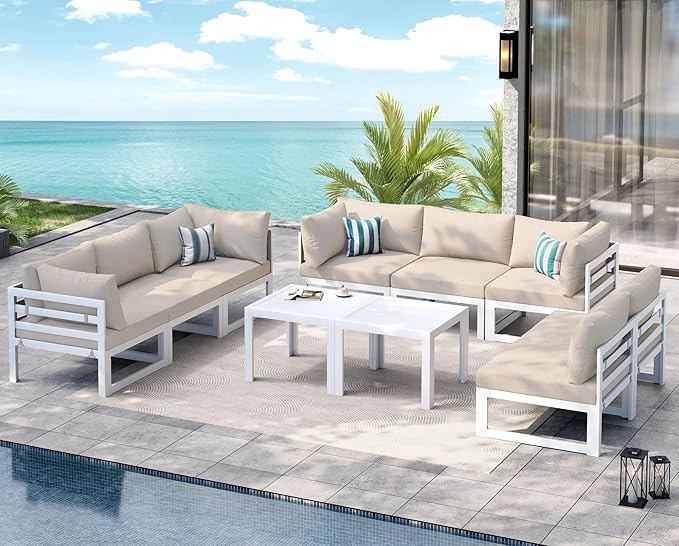 NICESOUL 8 Seat Oversized Modern Aluminum Patio Furniture Set, Weather Resistant Modular Sectional Sofa with Coffee Table, 500 lbs Heavy Duty Comfortable Outdoor Couch for Exterior Backyard, Beige