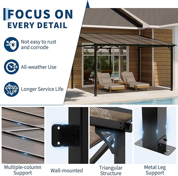 10x12 Ft Outdoor Lean to Gazebo, Wall Mounted Patio Hardtop Gazebo Pergola with Polycarbonate Roof, Upgraded Steel Frame Hardtop Pavilion for Patio, Garden, Lawn, Deck