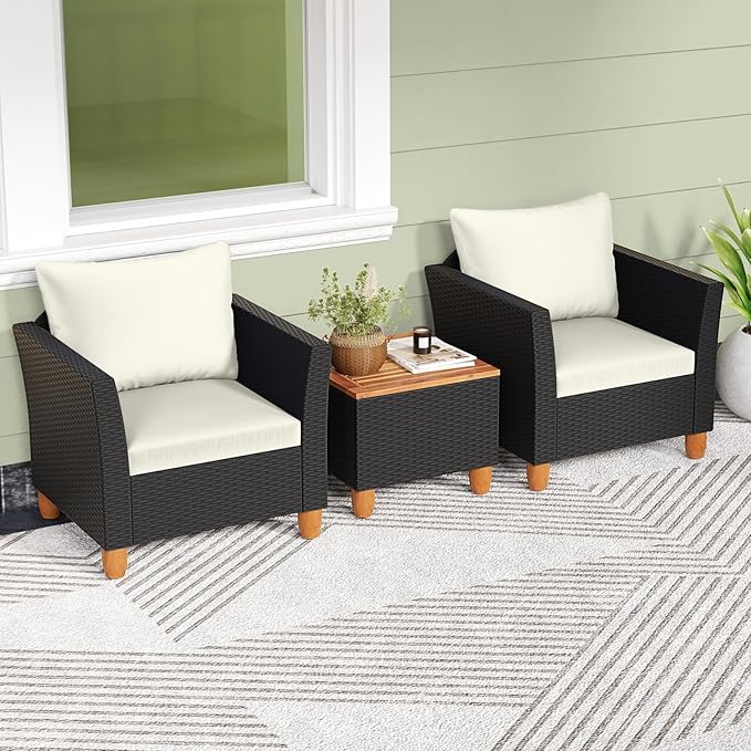 HAPPYGRILL 3-Piece Rattan Patio Conversation Set with Storage Coffee Table, Outdoor PE Wicker Sofa Furniture Set with Cushions for Balcony Backyard Porch Garden