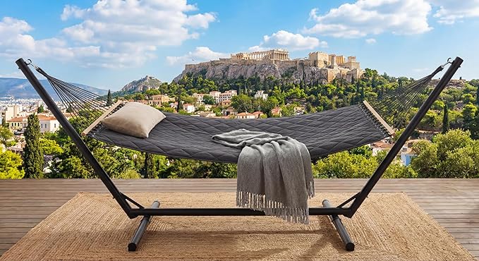 2 Person Portable Double Hammock with Stand, Outdoor Quilted Polyester Padded Hammock with Pillow, Adjustable Steel Hammock Stand for Patio, Garden, Beach, Backyard, Camping
