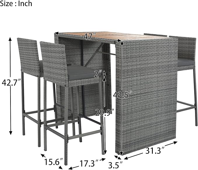 VilroCaz 5-Pieces Outdoor Patio Rattan Counter Height Dining Set, All-Weather Wicker Bar Table Set Conversation Set, Acacia Wood Table Top, Bar Height Chairs with Removable Cushion