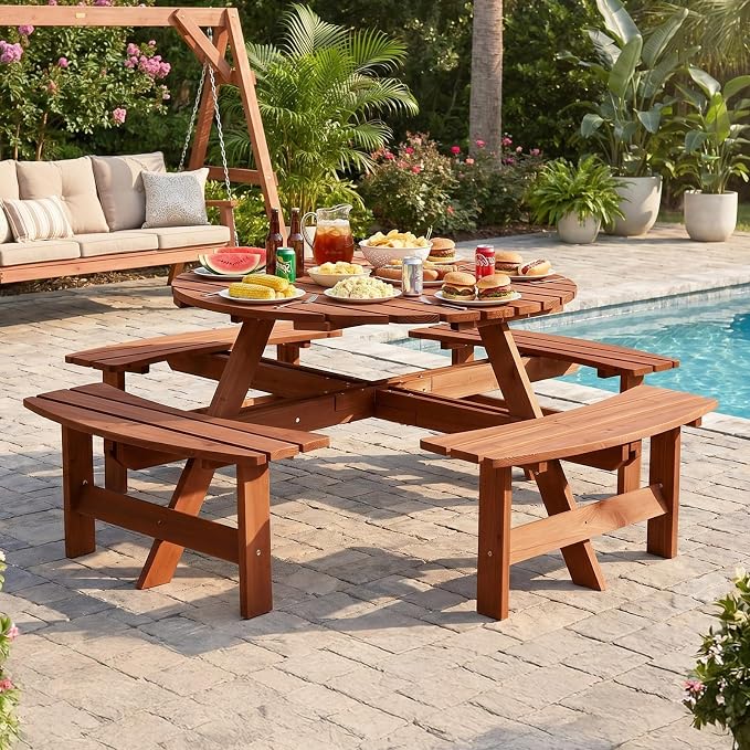 VINGLI 8-Person Wood Picnic Table Outdoor Round Picnic Table with Umbrella Hole and 4 Built-in Benches, Outdoor Dining Tables and Chairs 500 LBS Bench Capacity (Brown, Round)