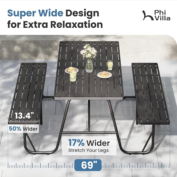 PHI VILLA 70" Outdoor Metal Table Bench Set for 4, w/Umbrella Hole | Black wood grain pattern, all weather. Dining furniture set for patio deck yard porch.