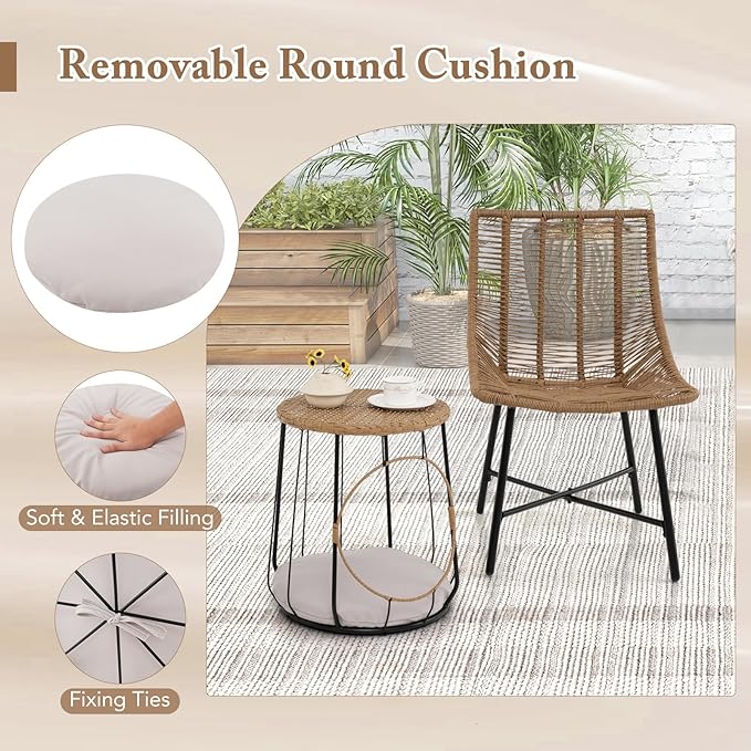 Tangkula 3 Pieces Outdoor Furniture Set with Pet House, Heavy Duty Metal Frame Patio Armless Chairs with Coffee Table, for Patio, Yard, Poolside, Garden (Light Brown)