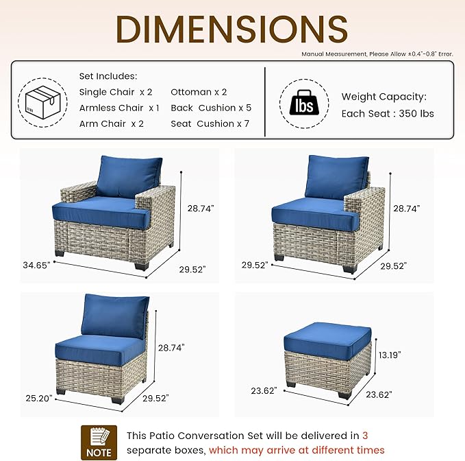 Patio Furniture Sets 7 Pieces Outdoor Sectional Rattan Sofa Manual Weaving Wicker Patio Conversation Set with Ottomans and T Cushion(Blue)
