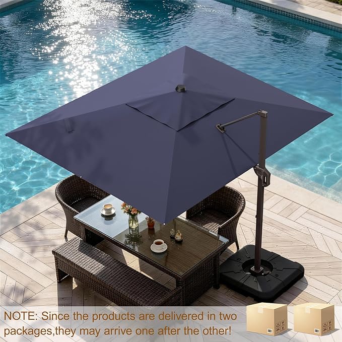 9' X 12' Cantilever Patio Umbrella Rectangle Outdoor Umbrella with Base Included, 6-Level Tilt & 360° Rotation Offset Umbrella for Garden, Deck, Pool (Navy Blue)
