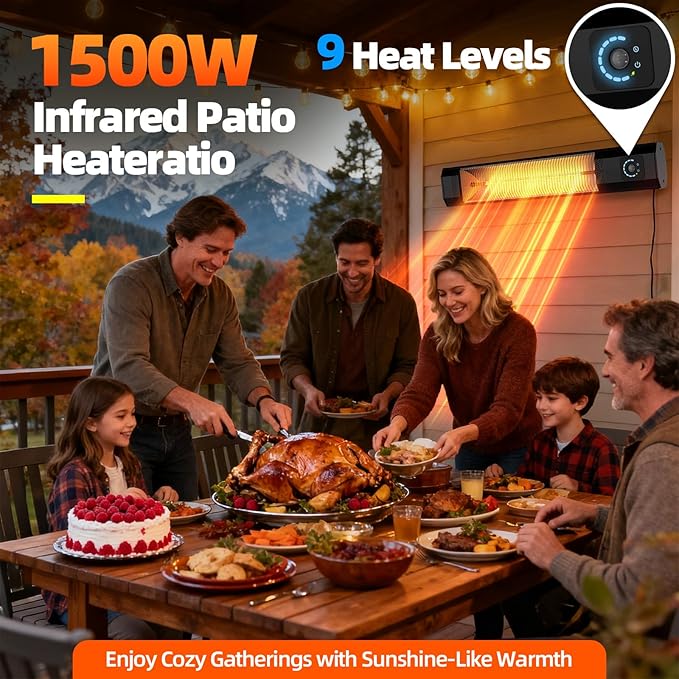 Wall-Mounted 34" 1500W Infrared Electric Patio Heater with Remote & Motion Sensor, 9 Heat Levels, 9H Timer, IPX5 Waterproof for Indoor Outdoor Use Garage Backyard Deck Porch Patio Heaters